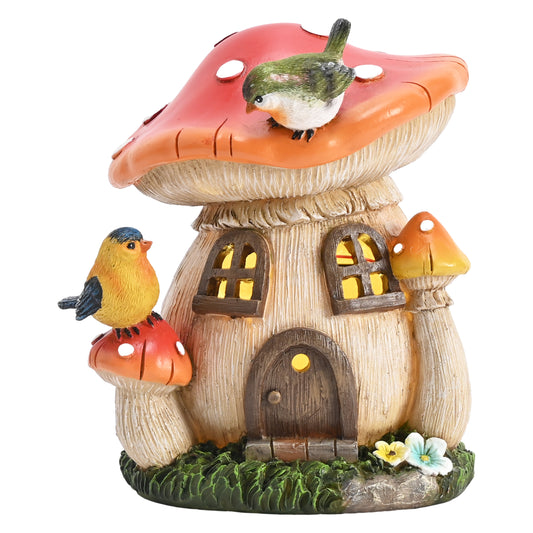 TERESA'S COLLECTIONS Garden Decor Outdoor, Mushroom Fairy House and Birds Decor, Solar-Powered Resin, Waterproof Garden Decor, Garden Gifts for Mom,Indoor/Outdoor,6.1"