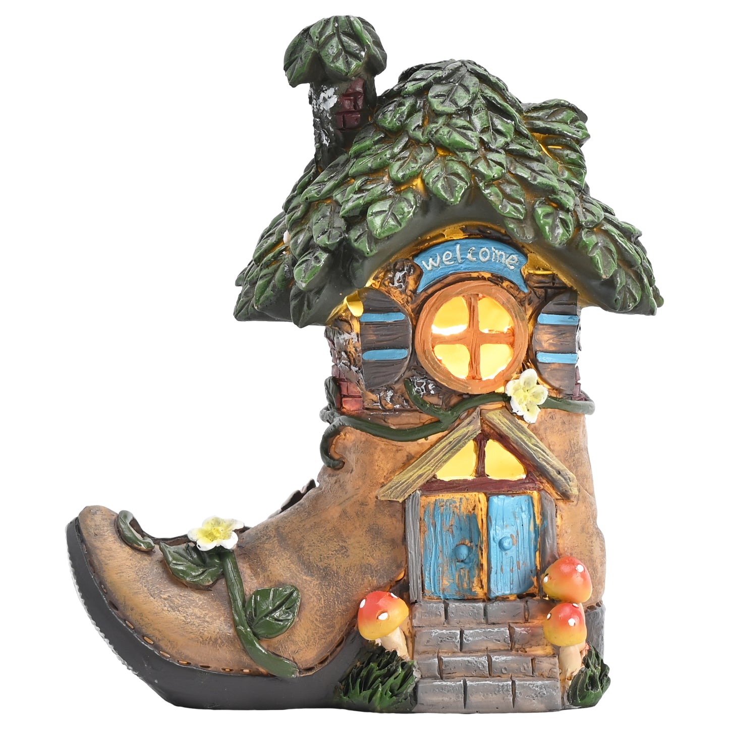 TERESA'S COLLECTIONS Garden Decor Outdoor, Boot Fairy House Garden Decor, Waterproof Resin with Solar Lights, Garden Gifts for Mom,Indoor/Outdoor,7"