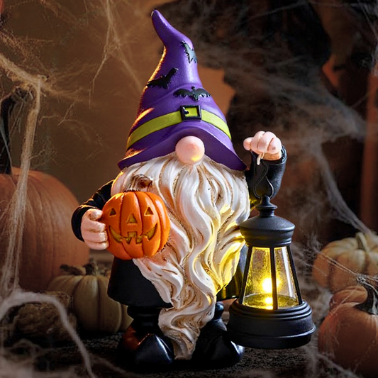 TERESA'S COLLECTIONS Halloween Decorations Garden Gnomes Statues with Solar Lights,Cute Purple Bat Hat Resin Decor with Lantern for Home,Table,Outdoor,Yard,Pumpkin Jack-o-Lanterns,Gifts for Party,8"