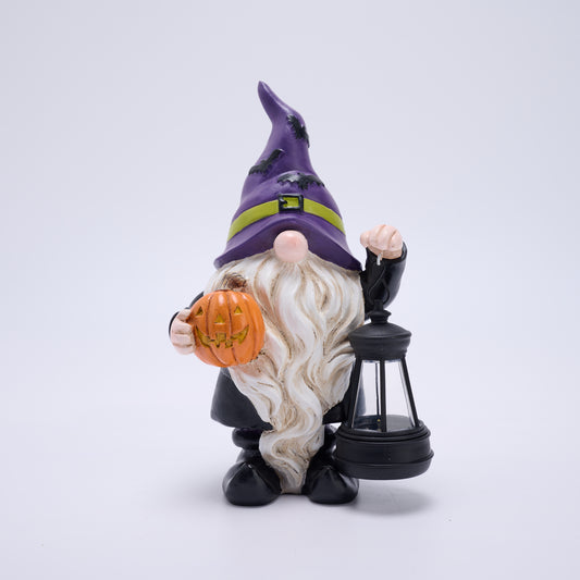 TERESA'S COLLECTIONS Halloween Decorations Garden Gnomes Statues with Solar Lights,Cute Purple Bat Hat Resin Decor with Lantern for Home,Table,Outdoor,Yard,Pumpkin Jack-o-Lanterns,Gifts for Party,8"