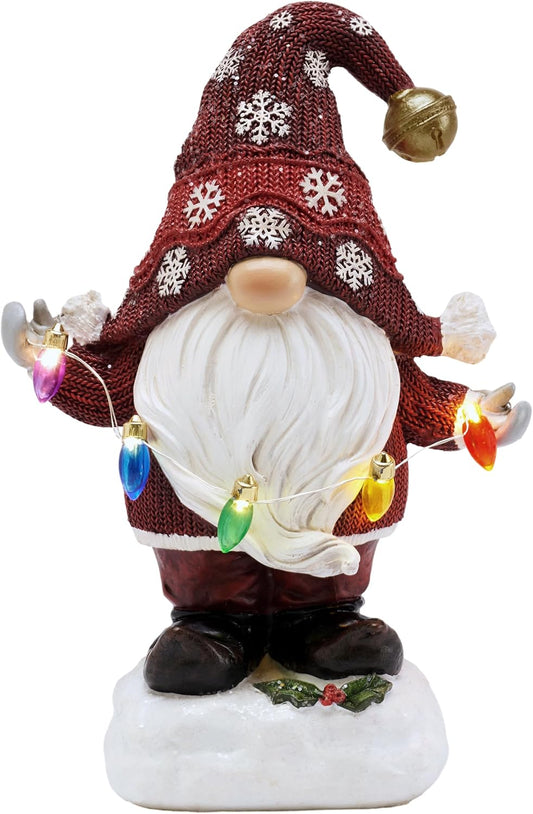 TERESA'S COLLECTIONS Christmas Decorations Garden Gnome with LED Lights, Solar-Powered Outdoor Statue, Festive Maroon Decor, Durable Resin Sculpture for Front Porch, Yard, Ideal Christmas Gift, 8.8"