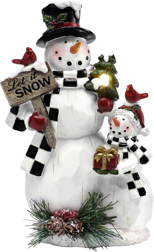 TERESA'S COLLECTIONS White Christmas Decorations Family Snowman Statue with Solar Lights, Resin Outdoor Christmas Light Decor for Home,Christmas Decorations Outside for Porch Door,Merry, 8.9"