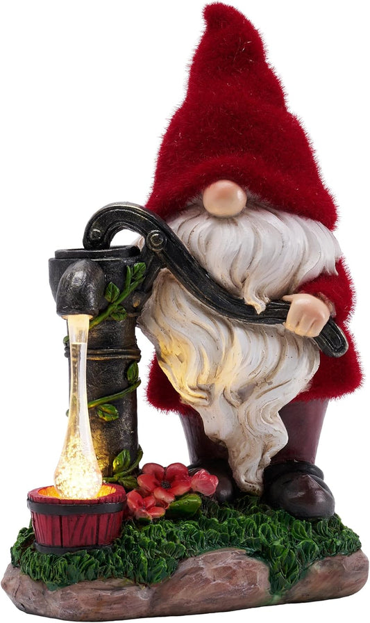 TERESA'S COLLECTIONS Resin Garden Gnomes Decorations for Yard with Solar Lights, Red Garden Sculptures & Statues for Porch Patio, Gifts for Mom and Dad，Outdoor Fall Garden Decor for Outside, 9"