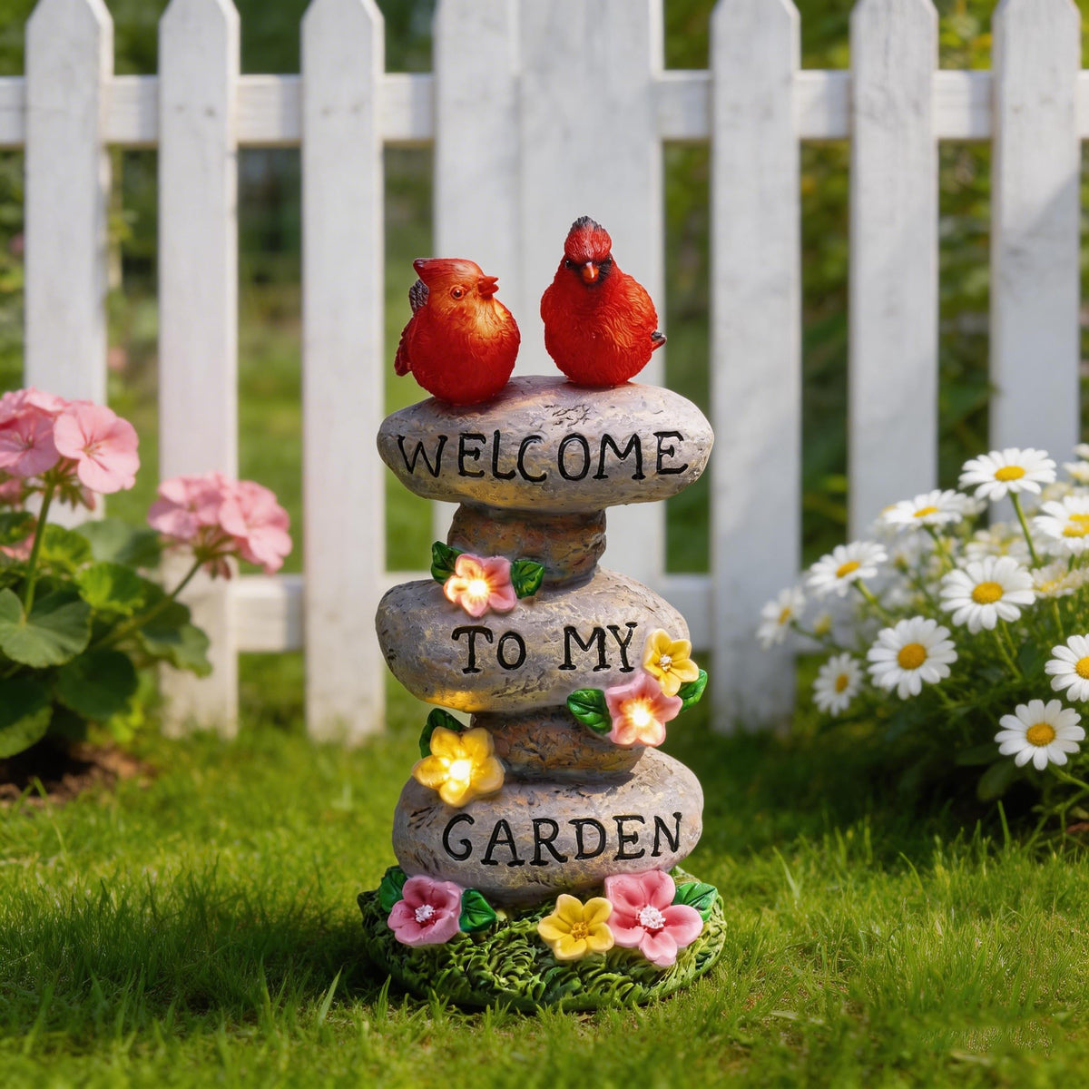 TERESA'S COLLECTIONS Cardinal Garden Decor with Outdoor Solar Lights 11" LED light Garden Statues, Welcome Yard Sign Rocks & Flower Resin Valentines Decorations, Gifts for Mom Yard Decor
