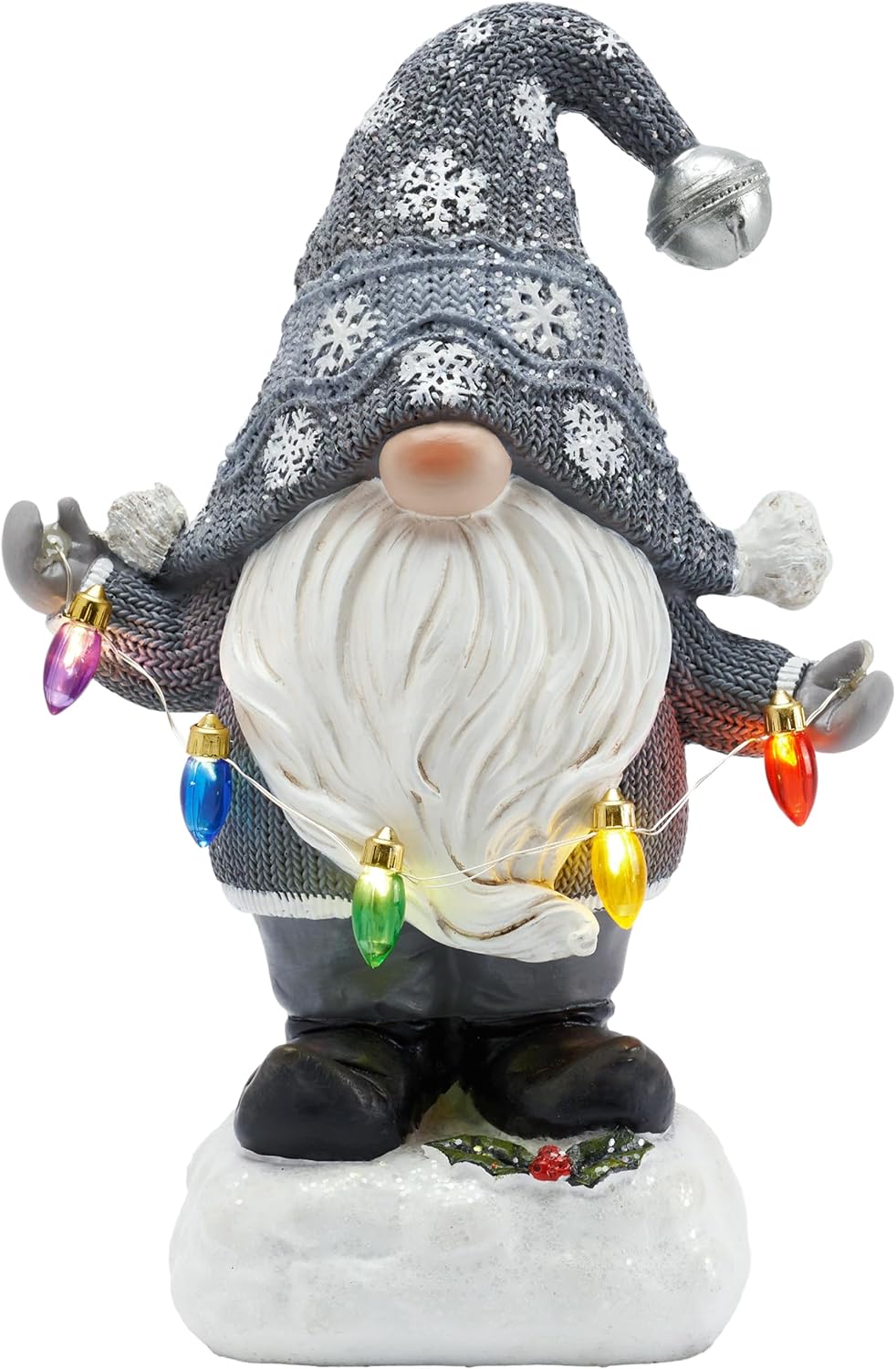 TERESA'S COLLECTIONS Christmas Decorations Garden Gnome with LED Lights, Solar-Powered Outdoor Statue, Festive Silver Decor, Durable Resin Sculpture for Front Porch, Yard, Ideal Christmas Gift, 8.8"