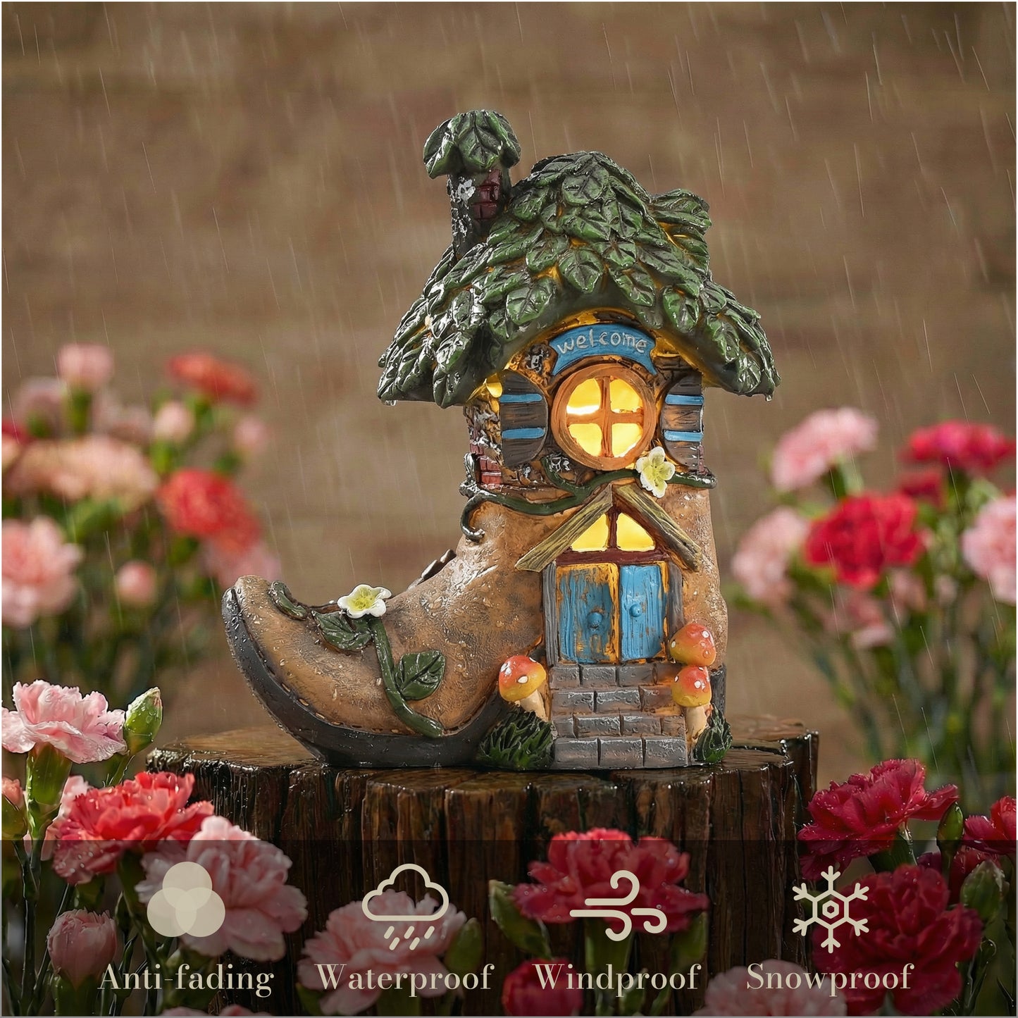TERESA'S COLLECTIONS Garden Decor Outdoor, Boot Fairy House Garden Decor, Waterproof Resin with Solar Lights, Garden Gifts for Mom,Indoor/Outdoor,7"