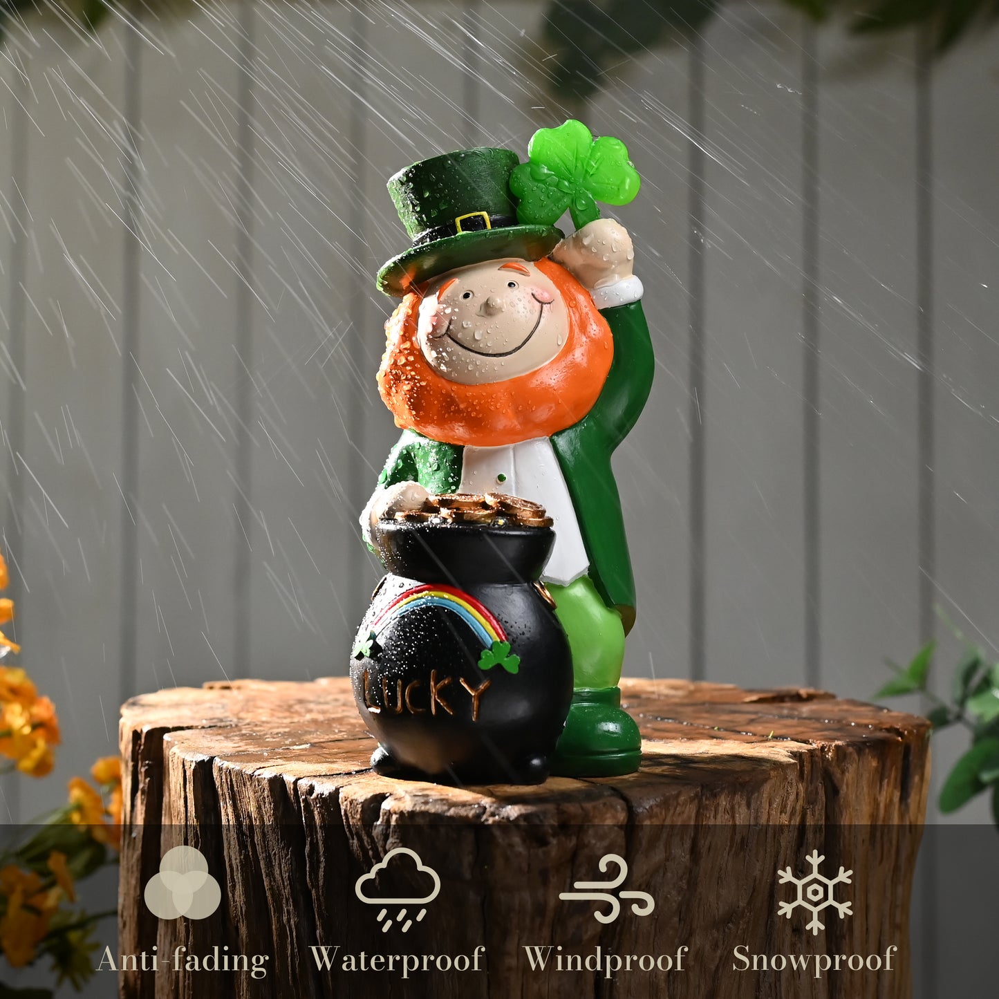 TERESA'S COLLECTIONS St Patricks Decorations for Outdoor Decor, Irish Luckly Tiered Tray Decor with Clover, St Patricks Day Shamrock Leprechaun Figurine with Solar Lights, Irish Gifts for Home,7.9"