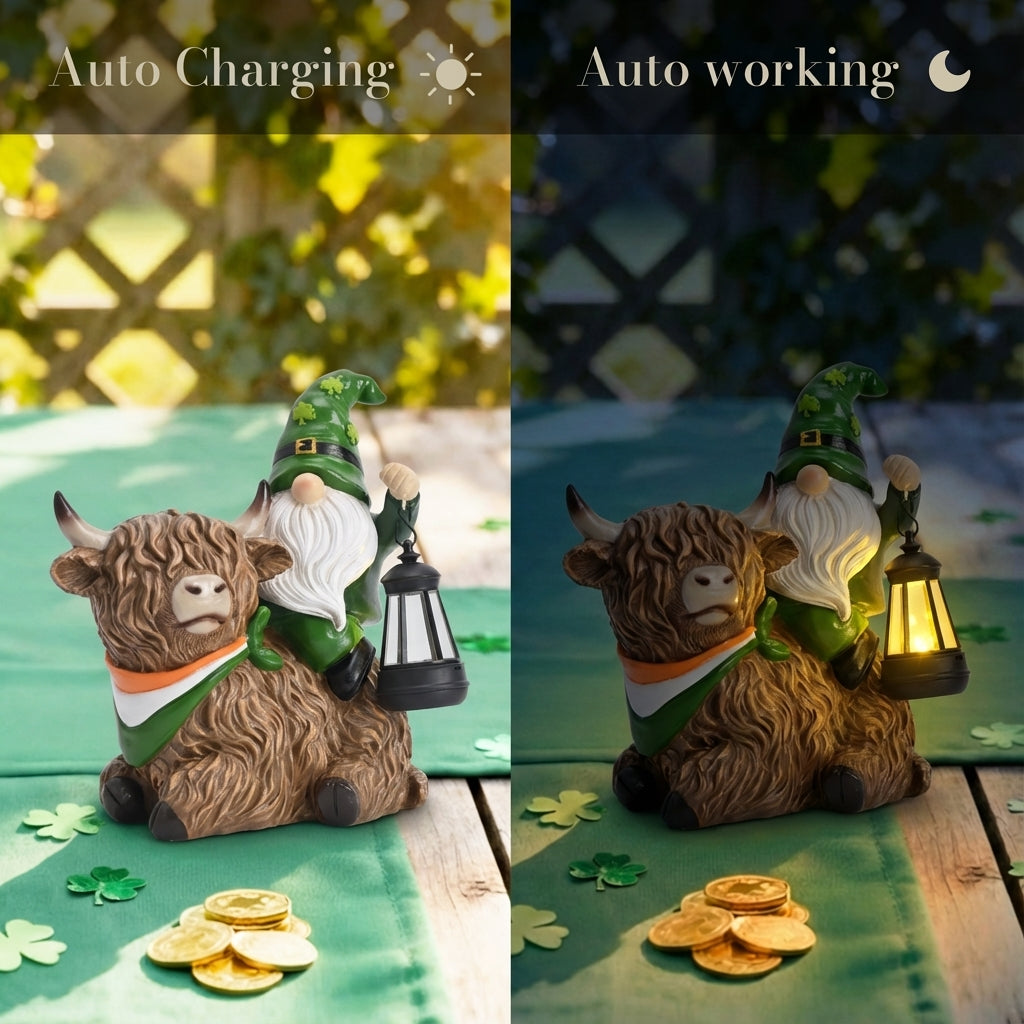 TERESA'S COLLECTIONS St Patricks Decorations for Outdoor Decor,Gnomes Resin Riding Highland Cow and Holding Lantern with Solar Lights for Outside,Shamrock Leprechaun Figurine, Irish Gifts