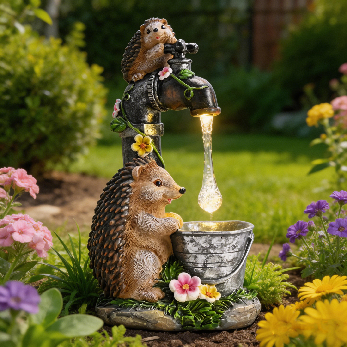 TERESA'S COLLECTIONS Garden Decor, Set of 2 Cute Hedgehogs and Faucet Garden Decor, Waterproof Resin Garden Statue, Hedgehogs Gift, Garden Gift for Women Mom, Indoor/Outdoor