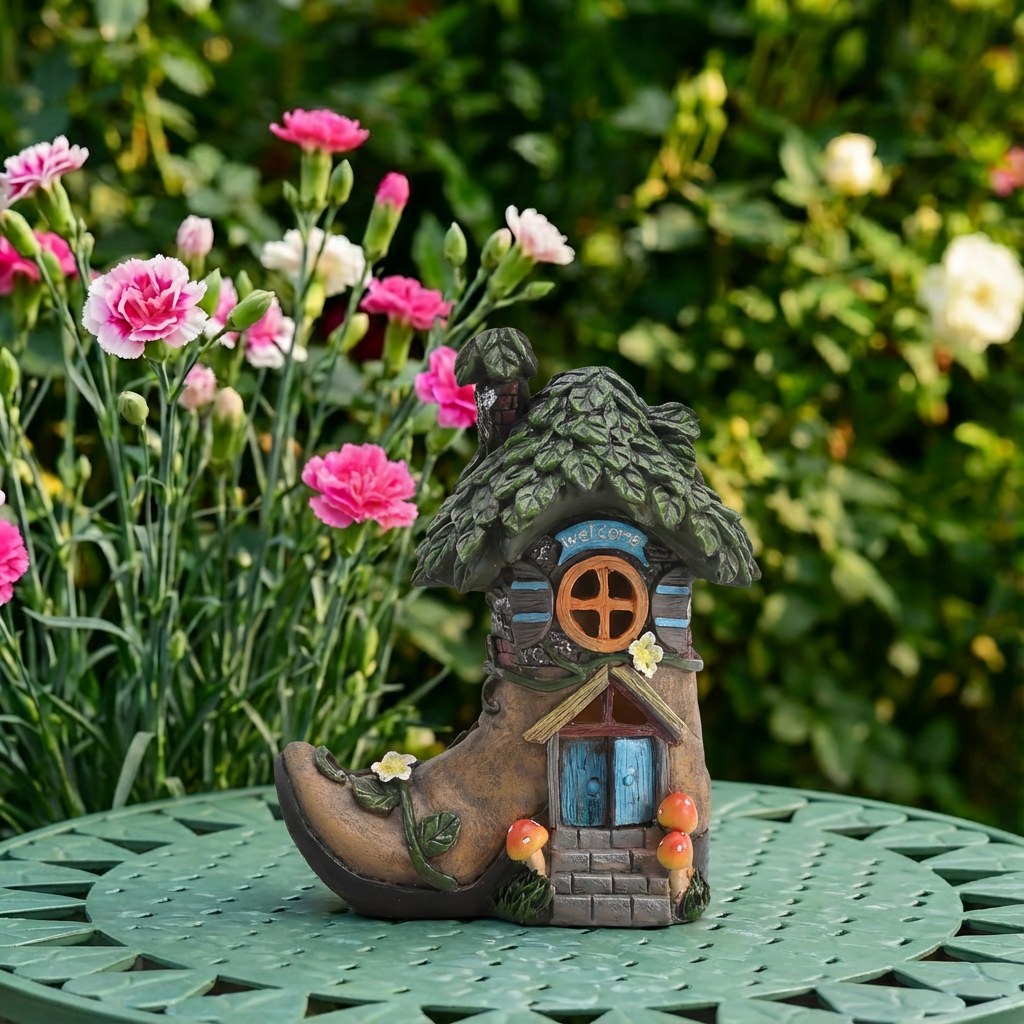 TERESA'S COLLECTIONS Garden Decor Outdoor, Boot Fairy House Garden Decor, Waterproof Resin with Solar Lights, Garden Gifts for Mom,Indoor/Outdoor,7"