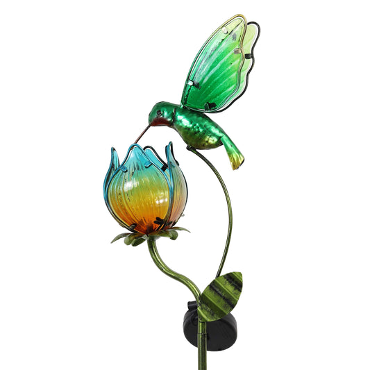 TERESA'S COLLECTIONS Glass Flower Bird Pathway Solar Outdoor Light for Garden Decor, 39'' Tulip and Hummingbird Metal Decorative Stakes Yard Art for Lawn Patio Porch Decorations, Gifts for Mom