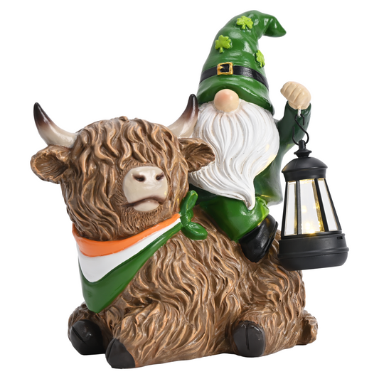 TERESA'S COLLECTIONS St Patricks Decorations for Outdoor Decor,Gnomes Resin Riding Highland Cow and Holding Lantern with Solar Lights for Outside,Shamrock Leprechaun Figurine, Irish Gifts