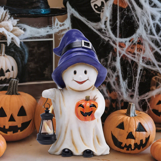 TERESA'S COLLECTIONS Spooky Halloween Decorations with Solar Lights,Cute Purple Hat Ghost Holding Lantern for Party,Pumpkin Jack-o-Lanterns Garden Statues for Outdoor Porch Yard,Gifts for Decor,10.6"