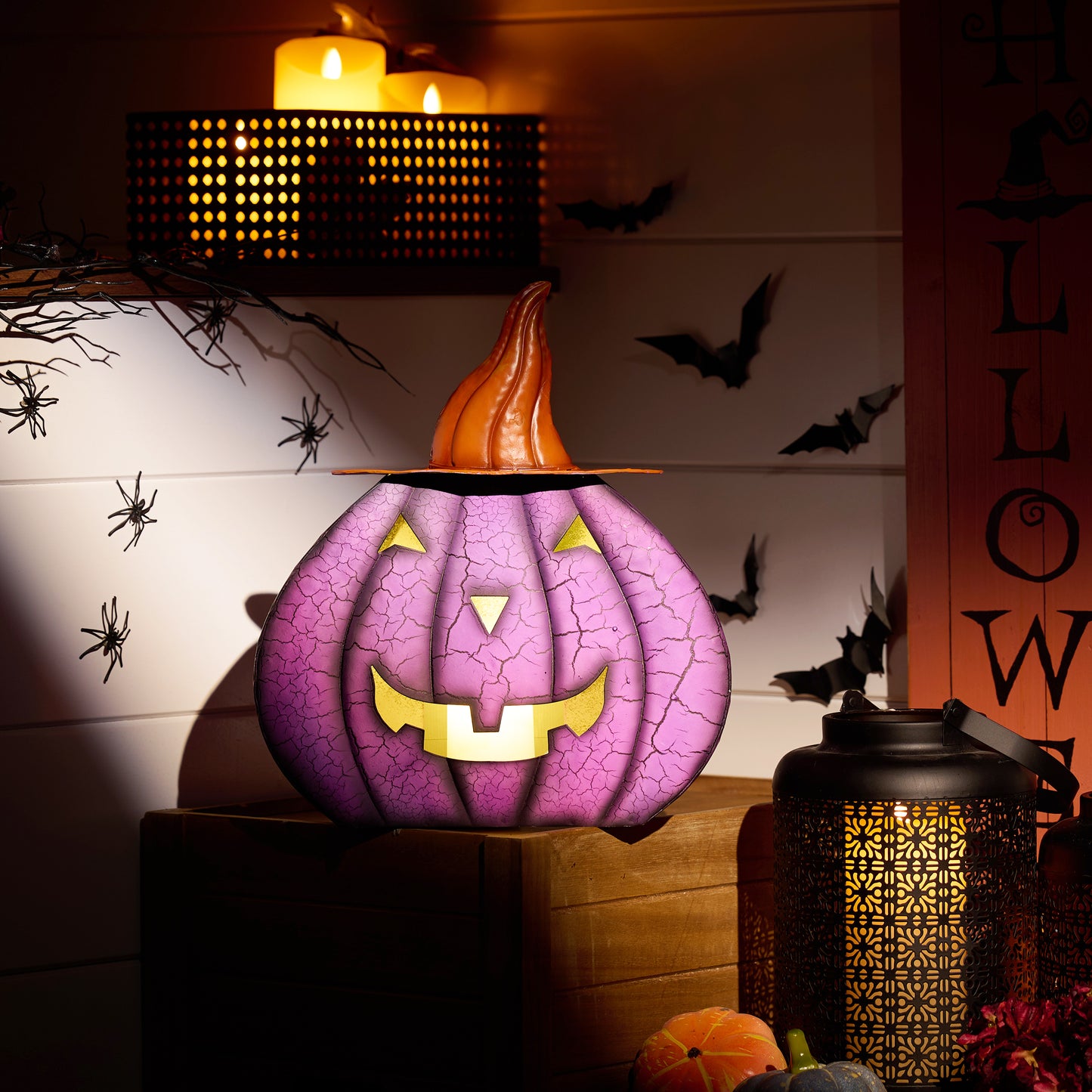 TERESA'S COLLECTIONS Valentine LED Jack-O-Lantern Pumpkin Lantern Battery Operated, Large Purple Crackle Metal Lantern with Candle for Home Table Yard Haunted Party Decor,Gifts for Mom,13"