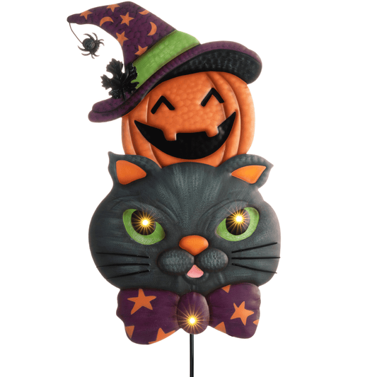 TERESA'S COLLECTIONS Pre-Lit Halloween Decorations Outdoor, Solar Garden Stake with 2 Stacks Cute Black Cat Pumpkin, Jack O Lantern Metal Yard Art Lawn Gift for Valentines Party Porch Patio Decor, 23"