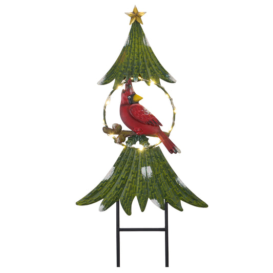 TERESA'S COLLECTIONS Green Christmas Tree Decor with Cardinals for House, Solar Christmas Lights Outdoor Waterproof Decorations for Outside,Metal Xmas Decorations for Yard Lawn Party Gifts, 31"