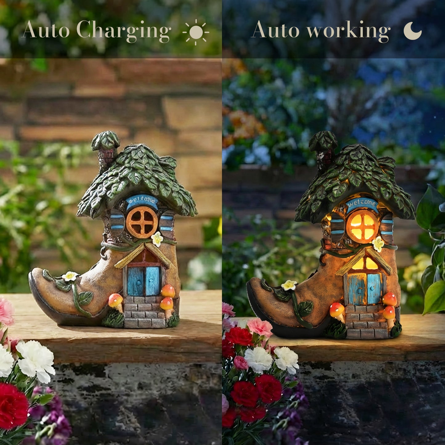 TERESA'S COLLECTIONS Garden Decor Outdoor, Boot Fairy House Garden Decor, Waterproof Resin with Solar Lights, Garden Gifts for Mom,Indoor/Outdoor,7"