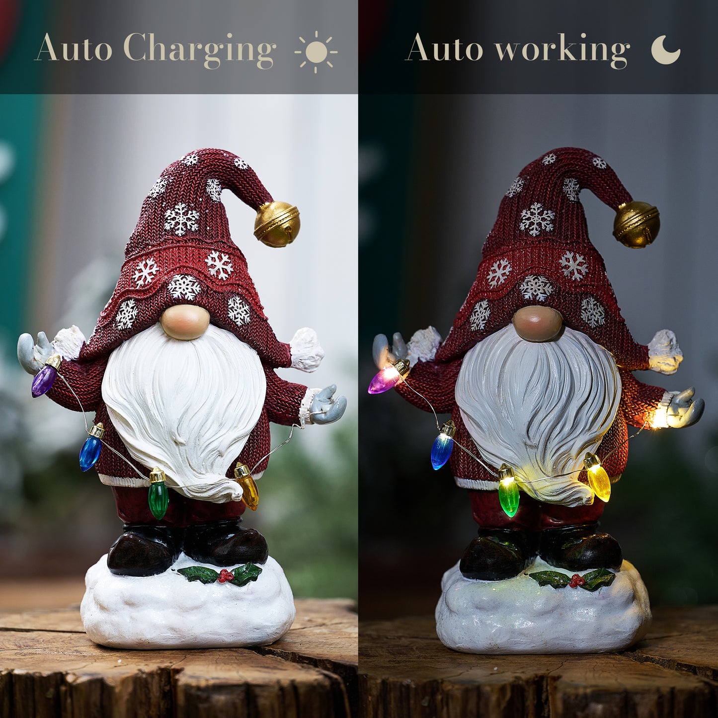TERESA'S COLLECTIONS Outdoor Christmas Decorations Garden Gnome with LED Lights, Solar-Powered Outdoor Statue, Festive Red Decor, Durable Resin Ornaments Gift for Women and Man, 8.8"