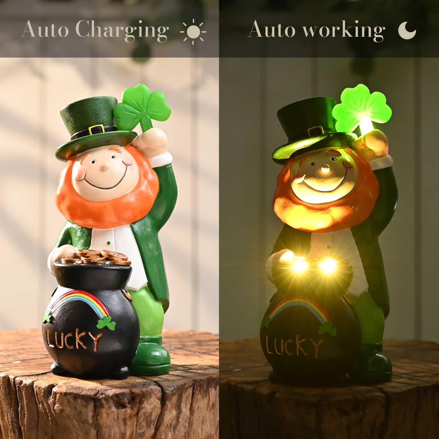 TERESA'S COLLECTIONS St Patricks Decorations for Outdoor Decor, Irish Luckly Tiered Tray Decor with Clover, St Patricks Day Shamrock Leprechaun Figurine with Solar Lights, Irish Gifts for Home,7.9"
