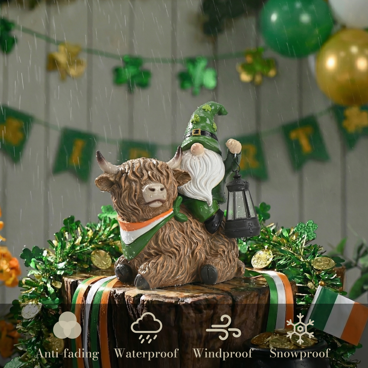 TERESA'S COLLECTIONS St Patricks Decorations for Outdoor Decor,Gnomes Resin Riding Highland Cow and Holding Lantern with Solar Lights for Outside,Shamrock Leprechaun Figurine, Irish Gifts
