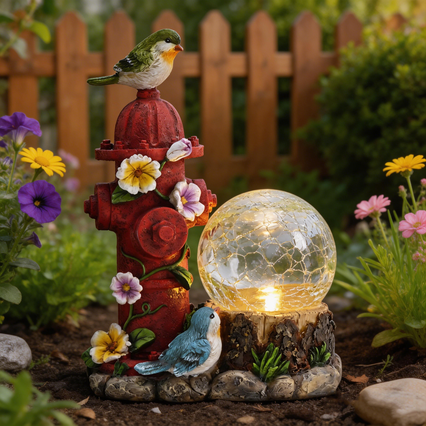 TERESA'S COLLECTIONS Garden Decor, Set of 2 Cute Birds and Hydrant Garden Decor, Waterproof Resin Garden Statue, Birds Gift, Garden Gift for Women Mom, Indoor/Outdoor