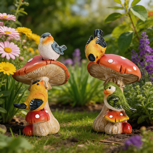 TERESA'S COLLECTIONS Garden Decor, Set of 2 Cute Birds and Mushrooms Garden Decor, Waterproof Resin Garden Statue, Birds Gift, Garden Gift for Women Mom, Indoor/Outdoor