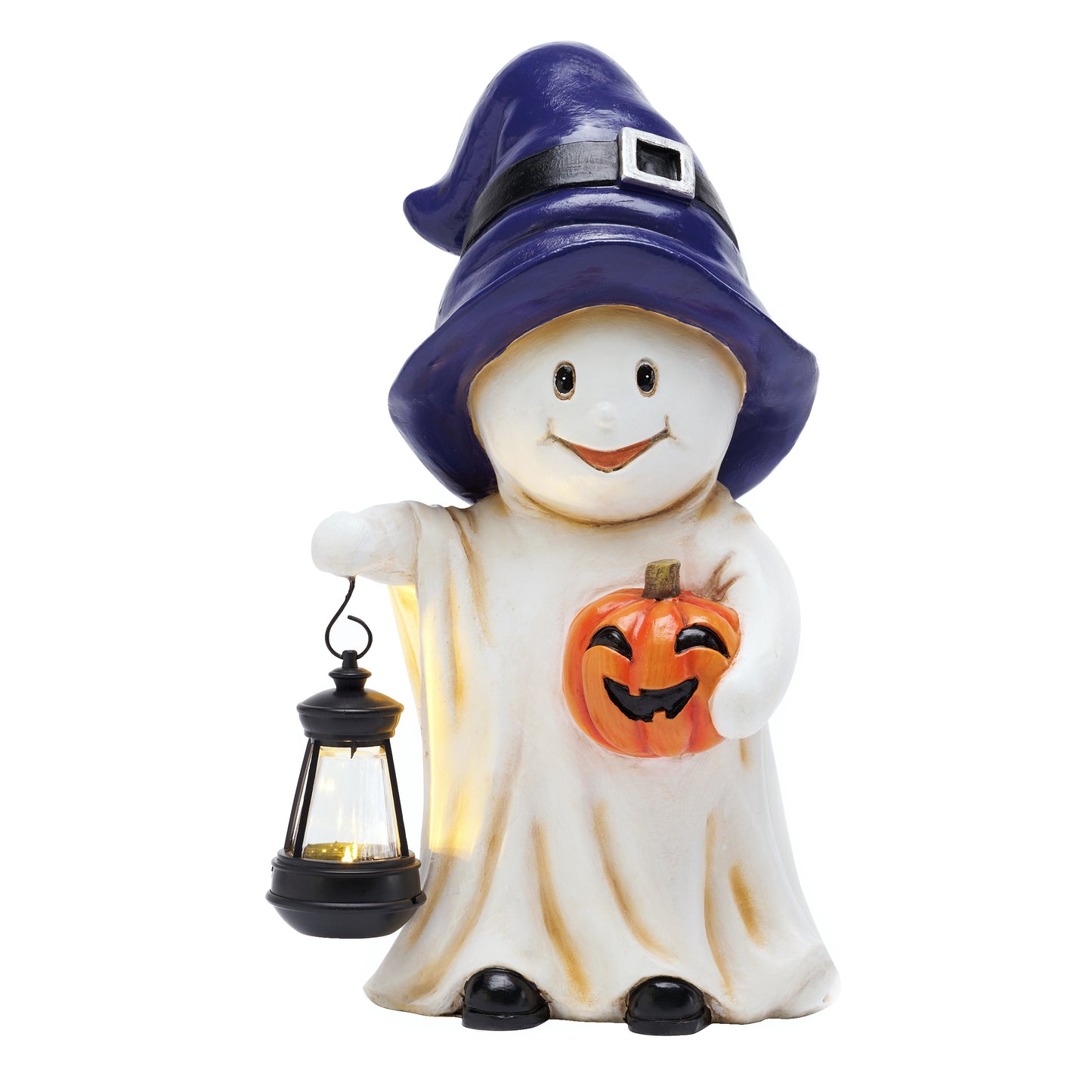 TERESA'S COLLECTIONS Spooky Halloween Garden Statues with Solar Lights, Cute Purple Hat Ghost with Lantern for Resin Christmas Decorations, Pumpkin Jack-o-Lanterns Decor for Outdoor Porch Yard, 7.9"