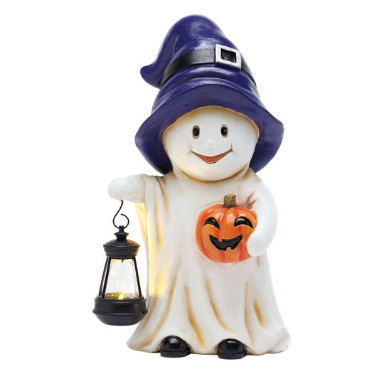 TERESA'S COLLECTIONS Spooky Halloween Garden Statues with Solar Lights, Cute Purple Hat Ghost with Lantern for Resin Christmas Decorations, Pumpkin Jack-o-Lanterns Decor for Outdoor Porch Yard, 7.9"