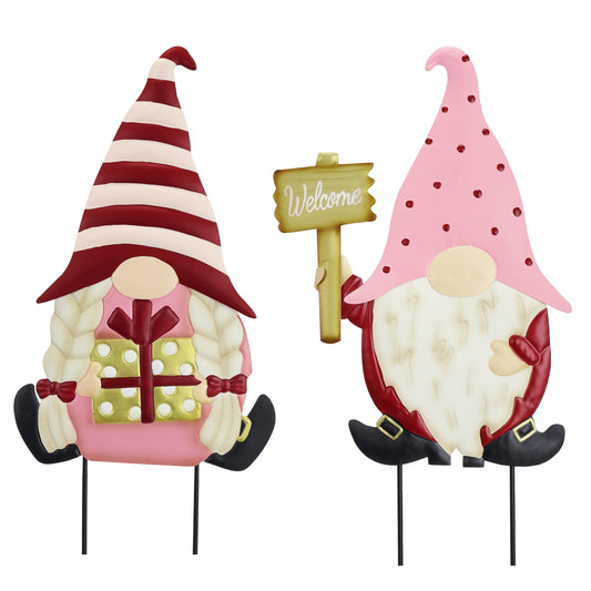 TERESA'S COLLECTIONS Outdoor Christmas Decorations for Home, 2Pcs Valentine Decor Pink Gnome Stakes for Garden, Metal Yard Art Valentine's Gifts for Him Her,Valentine's Day Decorations for Porch, 25"