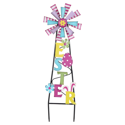 TERESA'S COLLECTIONS Easter Decor for Outdoor, Wind Spinner with Metal Easter Eggs Decorations Rabbits Sign Yard Stakes, Welcome Sign for Easter Decorations, Spring Decorations for Lawn Patio, 26"