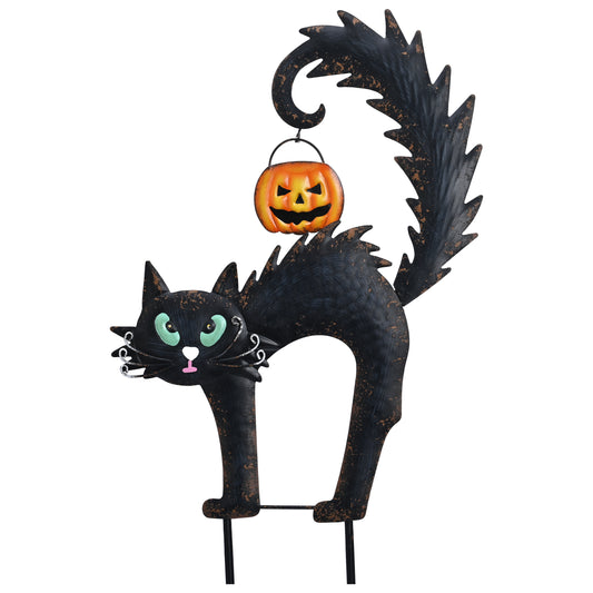 TERESA'S COLLECTIONS Halloween Garden Stake,Metal Black Cat with Jack-o'-Lantern Solar Light Decor,Spooky Yard Art Sign for Lawn Patio Porch,25"