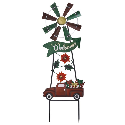 TERESA'S COLLECTIONS Metal Christmas Yard Stakes for Outdoor Christmas Decorations Wind Spinner Garden Stakes Welcome Sign for Xmas Decor, Rustic Poinsettia Windmill for Lawn Patio Holiday Party, 26"