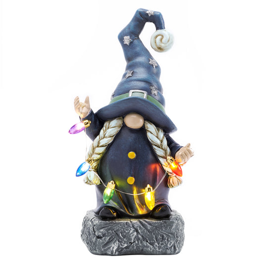 TERESA'S COLLECTIONS Garden Gnomes Halloween Decorations Outdoor for Resin Garden Statues, Blue Gnome Decor Battery Operated Colorful LED Light, Witch Halloween Decor for Party Porch Gifts, 8.86"