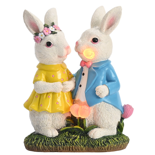 TERESA'S COLLECTIONS Easter Decorations, Couple Rabbits Garden Decor with Solar Lights, Loving Easter Rabbits Decorations Outdoor,Holding Flowers Resin Outdoor Statues for Patio Porch Lawn 8"