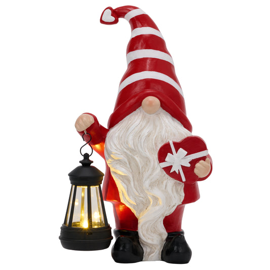 TERESA'S COLLECTIONS Christmas Valentine's Day Decorations for Outdoor Decor, Resin Garden Gnome Holding Gift & Lantern with Solar Lights Outdoor, Garden Decor for Outside Valentine Gifts, 12"