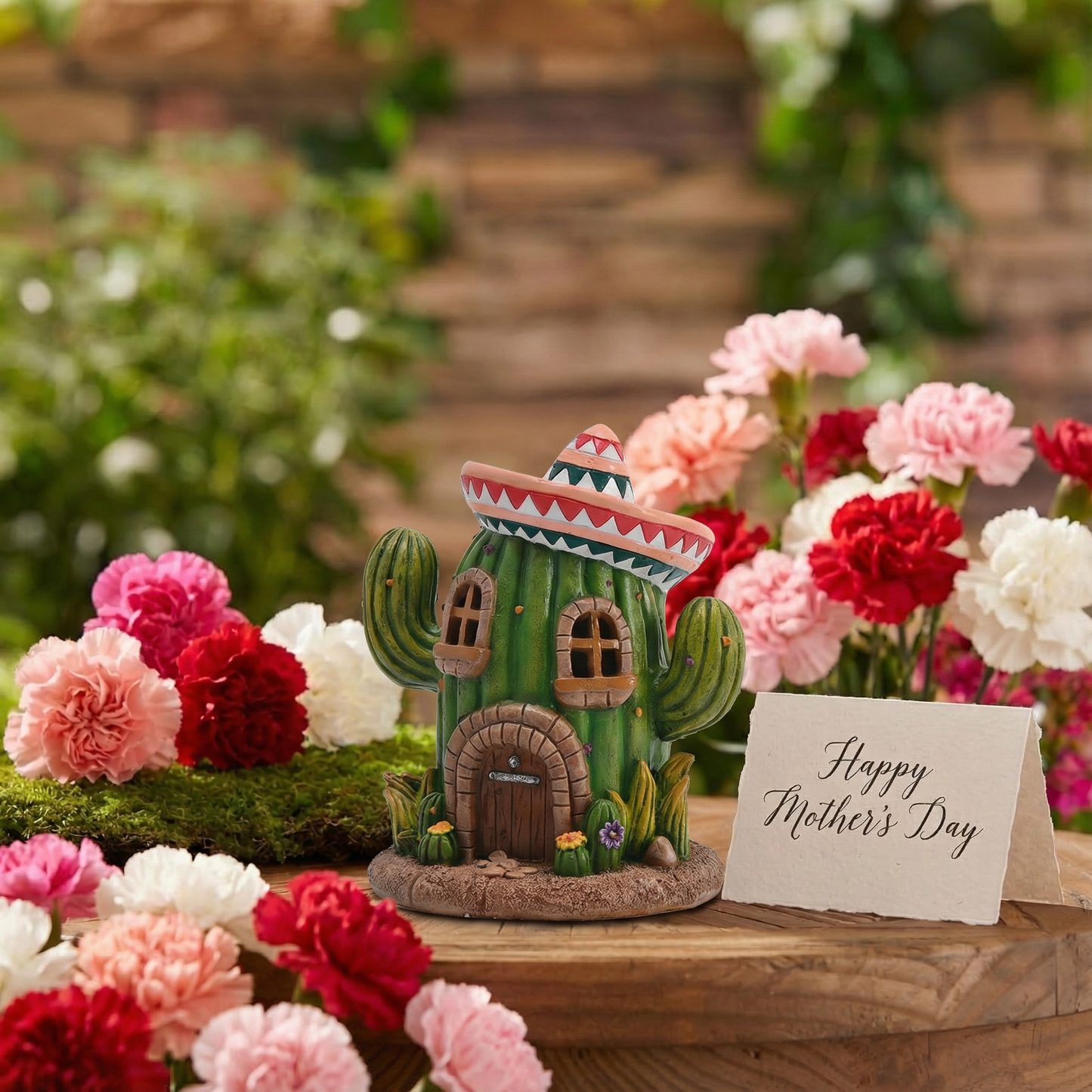 TERESA'S COLLECTIONS Garden Decor, Cactus Fairy House Cinco de Mayo Decor, Waterproof Resin Garden Statue, Cinco de Mayo Gift, Garden Gift, Indoor/Outdoor, 7.5"
