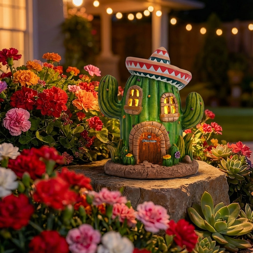 TERESA'S COLLECTIONS Garden Decor, Cactus Fairy House Cinco de Mayo Decor, Waterproof Resin Garden Statue, Cinco de Mayo Gift, Garden Gift, Indoor/Outdoor, 7.5"