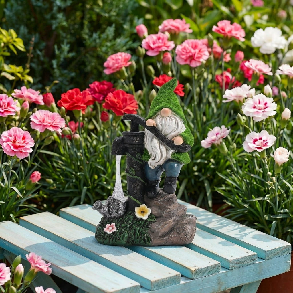 TERESA'S COLLECTIONS Garden Decor, Garden Gnomes Pumping Water,Gnomes Decor, Waterproof Resin with Solar Lights, Garden Decor, Garden Gifts for Mom,Indoor/Outdoor,9"