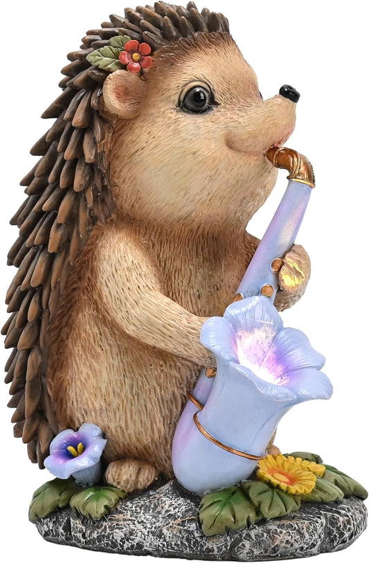TERESA'S COLLECTIONS Hedgehog Garden Decor with Solar Lights, Playing Saxophone Yard Decorations Outdoor, Trumpet Cute Resin Outdoor Statues for Patio Porch Lawn, Gifts for Mom Dad 8"