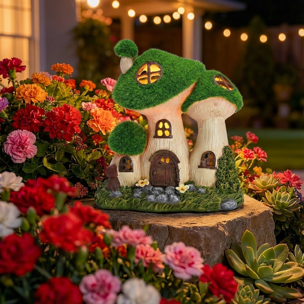 TERESA'S COLLECTIONS Garden Decor, Mushroom Fairy Garden House,Fairy House Decor, Waterproof Resin with Solar Lights, Garden Decor, Garden Gifts for Mom,Indoor/Outdoor,6.7"